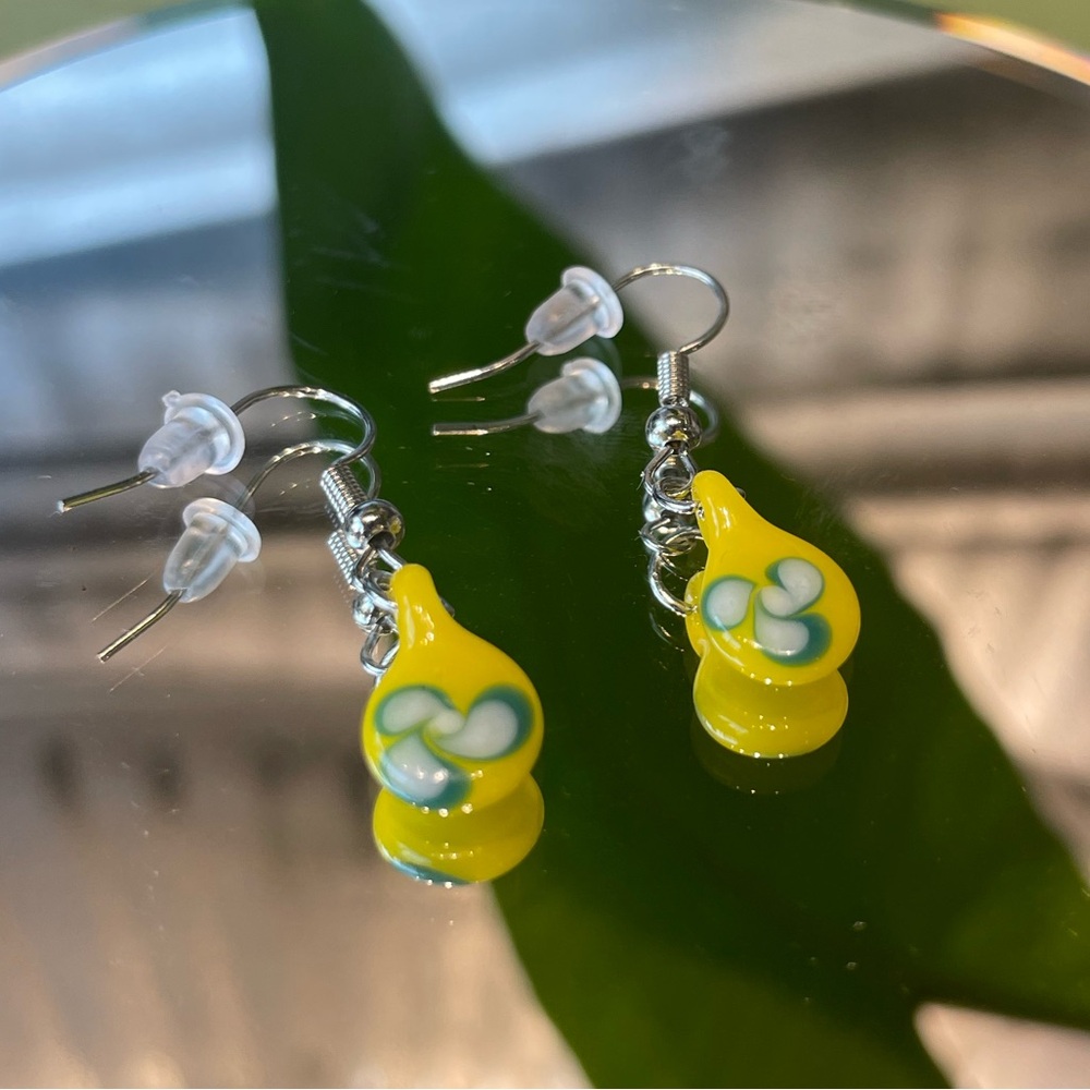 Handblown USA made Glass Earrings Yellow with blue flower